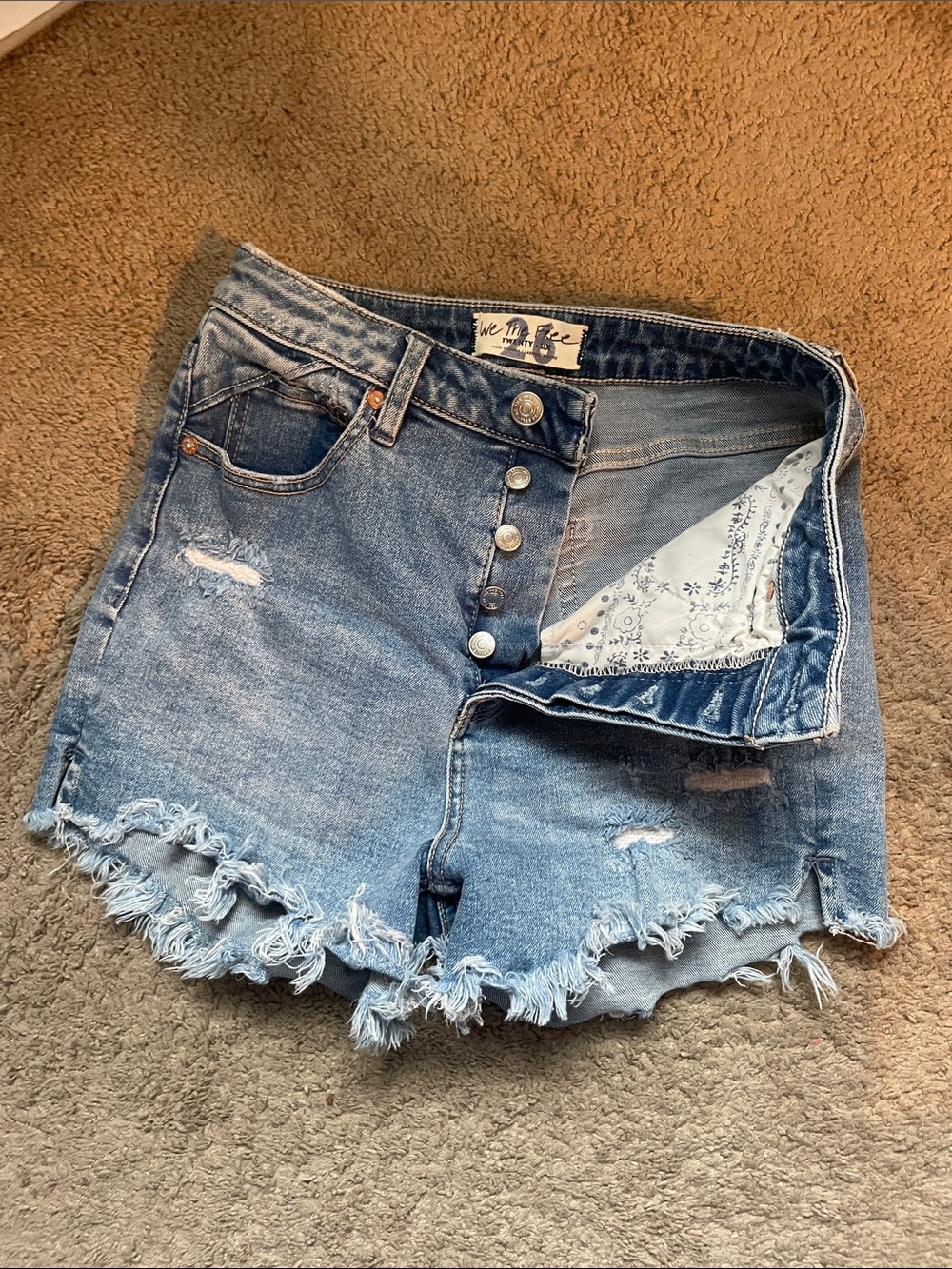 Free People Distressed Light Blue Button-Front Denim Shorts
